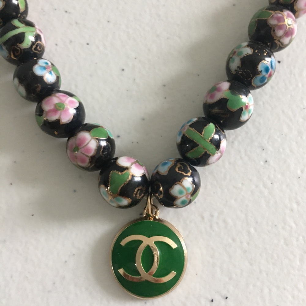 $110 Beautiful Vintage cloisonné pattern infused on Stone ceramic bead necklace